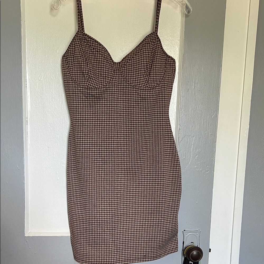 Brown Houndstooth Mini Dress